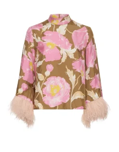 Make An Exit TopSylph Khaki in Silk Twill With Feathers