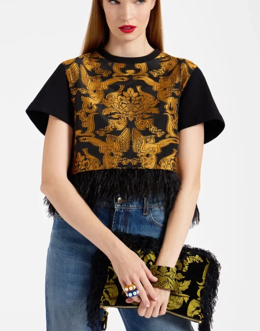 Party PochetteCherubs Black in Jacquard With Feathers