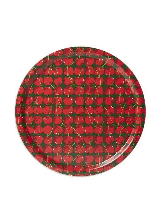 Round Printed TrayCherries Verde in Laminated Birch Wood