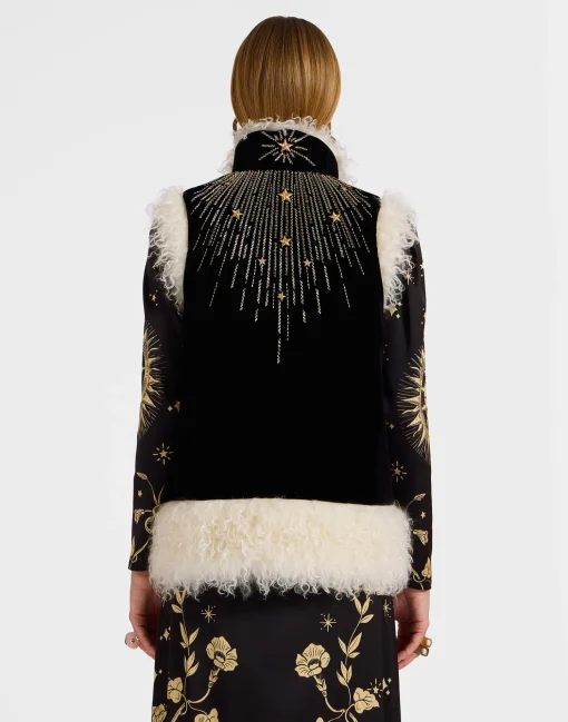 Sleeveless Folk JacketSolid Black in Cotton Velvet Embroidered