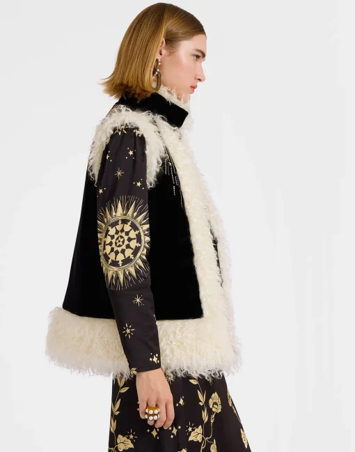 Sleeveless Folk JacketSolid Black in Cotton Velvet Embroidered