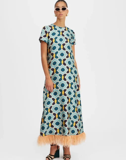 Swing DressPlaza Light Blue in Silk Twill With Feathers
