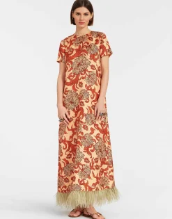 Swing DressReef Pale Pink in Silk Twill With Feathers