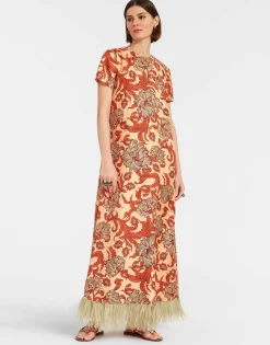Swing DressReef Pale Pink in Silk Twill With Feathers