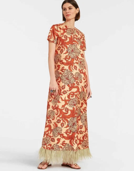 Swing DressReef Pale Pink in Silk Twill With Feathers