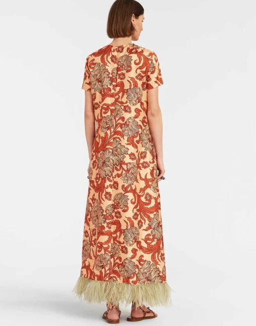 Swing DressReef Pale Pink in Silk Twill With Feathers