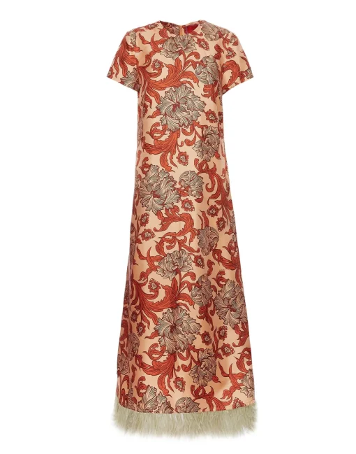 Swing DressReef Pale Pink in Silk Twill With Feathers