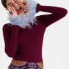 V-Neck High Kick TopSolid Burgandy in Ribbed Silk Cashmere With Feathers