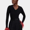 V-Neck High Kick TopSolid Black in Ribbed Silk Cashmere With Feathers