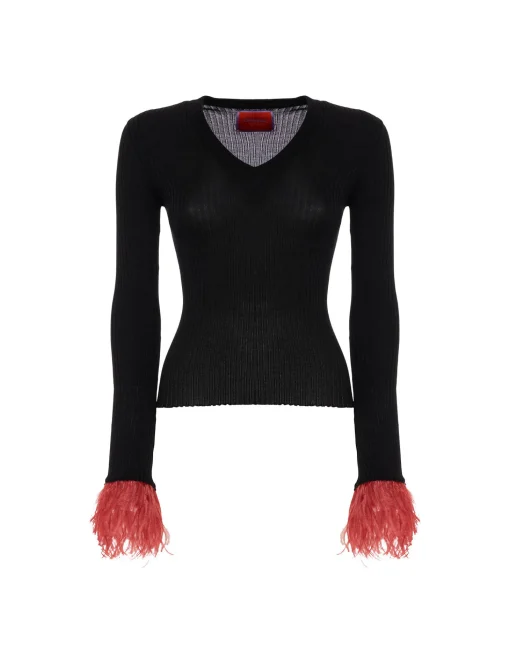 V-Neck High Kick TopSolid Black in Ribbed Silk Cashmere With Feathers