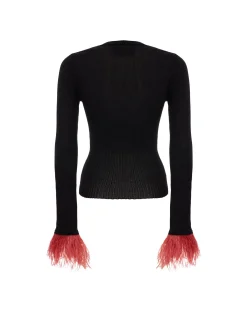 V-Neck High Kick TopSolid Black in Ribbed Silk Cashmere With Feathers