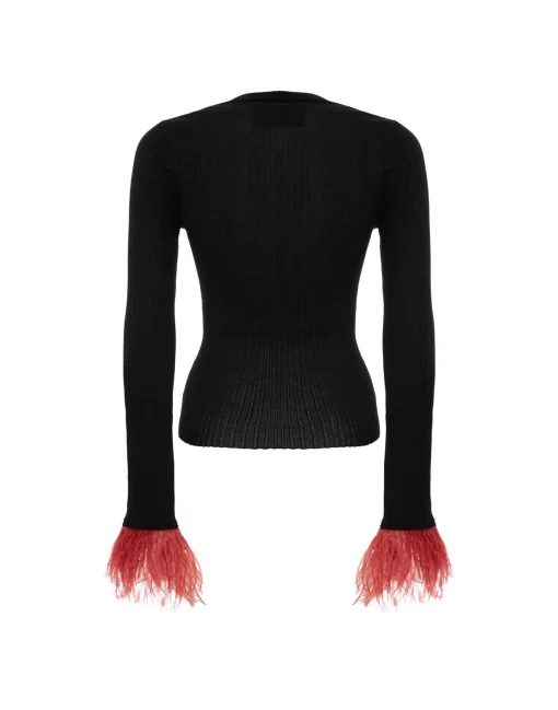 V-Neck High Kick TopSolid Black in Ribbed Silk Cashmere With Feathers
